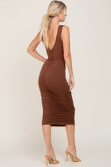 Brown Ruched V-Back Midi Dress