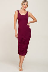 Burgundy Ruched V-Back Midi Dress