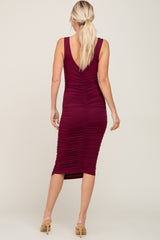 Burgundy Ruched V-Back Midi Dress