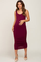 Burgundy Ruched V-Back Maternity Midi Dress