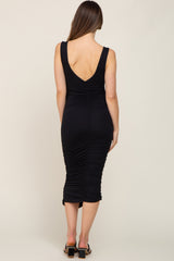 Black Ruched V-Back Maternity Midi Dress