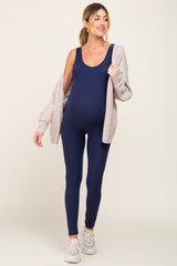 Navy Blue Ribbed Bodycon Maternity Jumpsuit