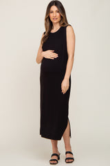 Black Sleeveless Side Slit Maternity Midi Dress