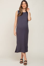 Charcoal Sleeveless Side Slit Maternity Midi Dress