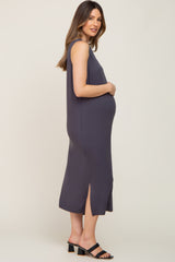 Charcoal Sleeveless Side Slit Maternity Midi Dress