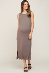 Mocha Sleeveless Side Slit Maternity Midi Dress