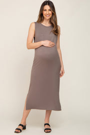 Mocha Sleeveless Side Slit Maternity Midi Dress