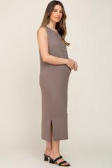 Mocha Sleeveless Side Slit Maternity Midi Dress