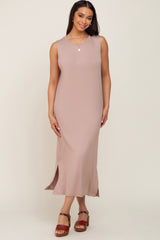 Taupe Sleeveless Side Slit Maternity Midi Dress