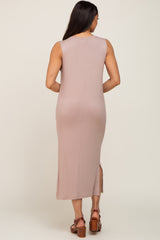 Taupe Sleeveless Side Slit Midi Dress