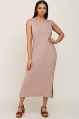 Taupe Sleeveless Side Slit Midi Dress