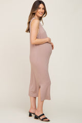 Taupe Sleeveless Side Slit Maternity Midi Dress