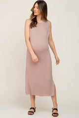 Taupe Sleeveless Side Slit Maternity Midi Dress