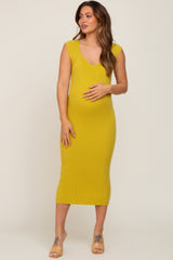 Mustard Ribbed Knit Fitted Maternity Dress