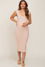 Beige Ribbed Knit Fitted Maternity Dress