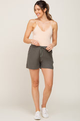 Olive Drawstring Linen Maternity Shorts