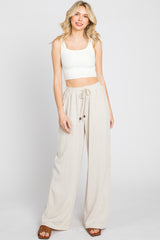 Beige Smocked Waist Wide Leg Pants