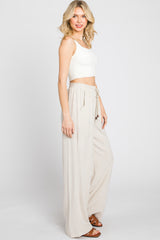 Beige Smocked Waist Wide Leg Pants