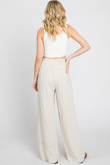 Beige Smocked Waist Wide Leg Pants