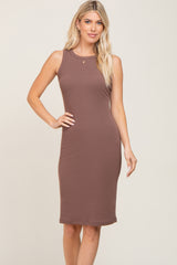 Brown Ribbed Sleeveless Maternity Midi Dress