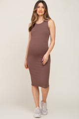 Brown Ribbed Sleeveless Maternity Midi Dress