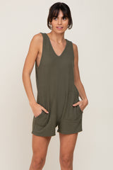 Olive Ribbed V-Neck Sleeveless Romper