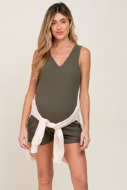 Olive Ribbed V-Neck Sleeveless Maternity Romper