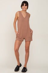 Mocha Ribbed V-Neck Sleeveless Romper