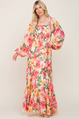 Ivory Floral Chiffon Smocked Off Shoulder Maxi Dress