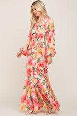 Ivory Floral Chiffon Smocked Off Shoulder Maxi Dress