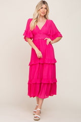 Fuchsia Button-Down Front Ruffle Tiered Maternity Maxi Dress