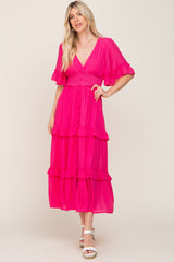 Fuchsia Button-Down Front Ruffle Tiered Maxi Dress