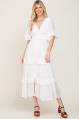 White Button-Down Front Ruffle Tiered Maxi Dress