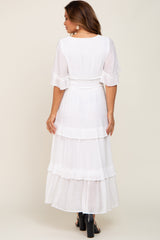 White Button-Down Front Ruffle Tiered Maternity Maxi Dress