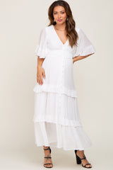 White Button-Down Front Ruffle Tiered Maternity Maxi Dress