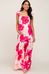 Fuchsia Floral Smocked Tiered Maternity Maxi Dress