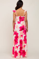 Fuchsia Floral Smocked Tiered Maternity Maxi Dress