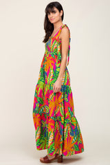 Fuchsia Tropical Print Smocked Tie Sleeve Maxi Dress