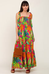 Fuchsia Tropical Print Smocked Tie Sleeve Maxi Dress