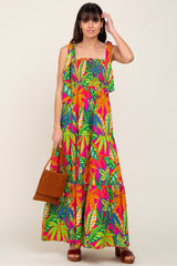 Fuchsia Tropical Print Smocked Tie Sleeve Maxi Dress