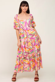 Orange Brush Print Chiffon Square Neck Maxi Dress