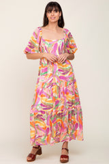 Orange Brush Print Chiffon Square Neck Maxi Dress