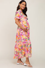 Orange Brush Print Chiffon Square Neck Maternity Maxi Dress