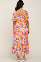 Orange Brush Print Chiffon Square Neck Maternity Maxi Dress