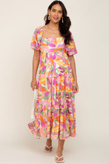 Orange Brush Print Chiffon Square Neck Maternity Maxi Dress