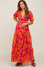 Fuchsia Tropical Floral Side Cutout Tiered Maternity Maxi Dress