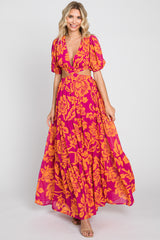 Fuchsia Tropical Floral Side Cutout Tiered Maxi Dress