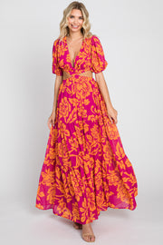 Fuchsia Tropical Floral Side Cutout Tiered Maxi Dress