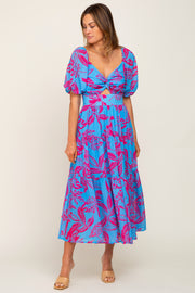 Blue Leaf Print Front Twist Tiered Dress