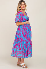 Blue Leaf Print Front Twist Tiered Maternity Dress